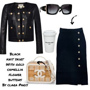 LAST ONE- Black Knit Maxi Skirt With Gold Camellia Flower Buttons - Chanel Vibes